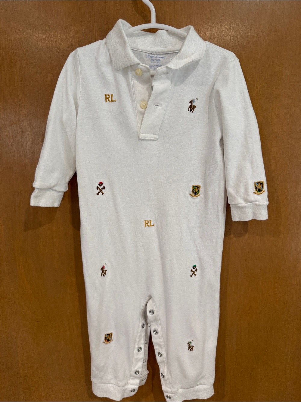 Ralph Lauren White Embroidered Polo Romper with Crest Details